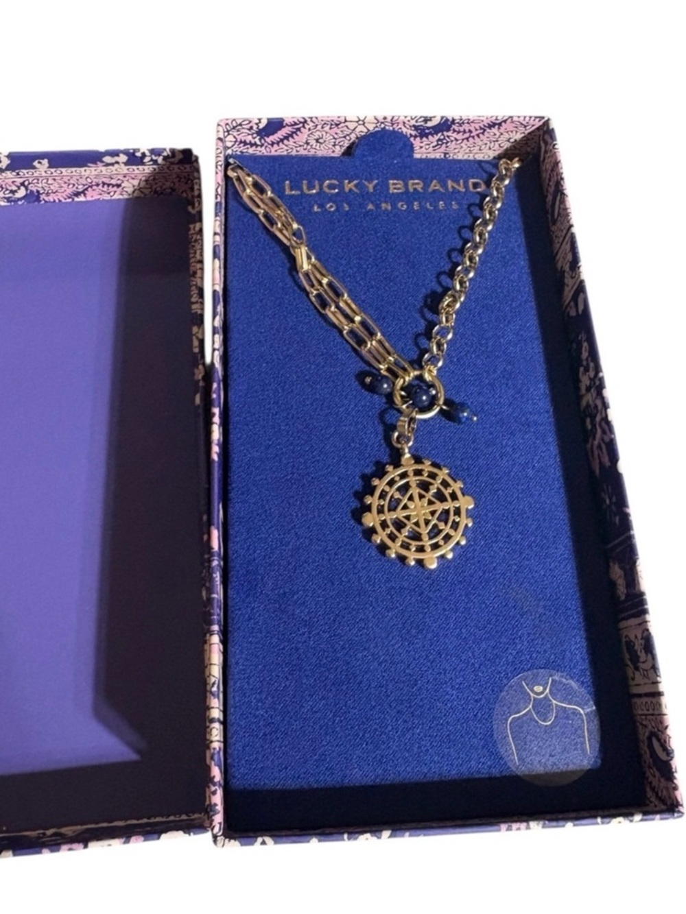 Lucky Brand Gold-Tone Compass Pendant Necklace with Blue Beads